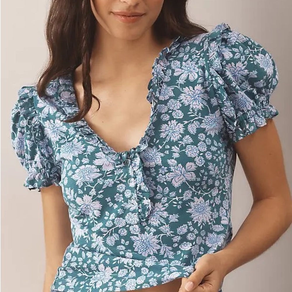 Anthropologie Maeve Teal and Periwinkle Floral Puff Sleeve Henley Top Sz XXS